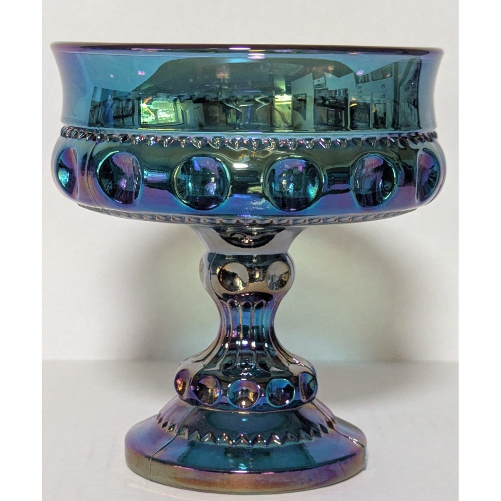 Vintage Indiana Glass King's Crown Blue Carnival Glass Compote Thumbprint 5.75"